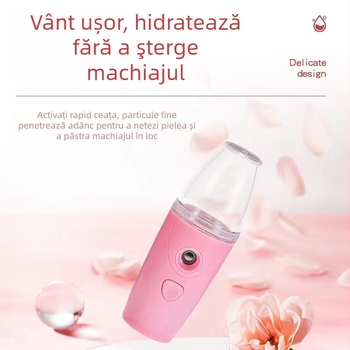 Dispozitiv de hidratare facială cu ceață Nano, abur rece, umidificator portabil cu încărcare USB, 1 treaptă, timp de ceață până la 10 secunde, autonomie 1–3 ore, baterie încorporată 100–300 mAh