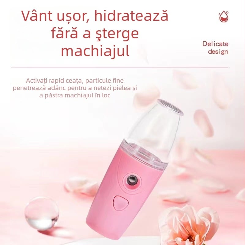 Dispozitiv de hidratare facială cu ceață Nano, abur rece, umidificator portabil cu încărcare USB, 1 treaptă, timp de ceață până la 10 secunde, autonomie 1–3 ore, baterie încorporată 100–300 mAh