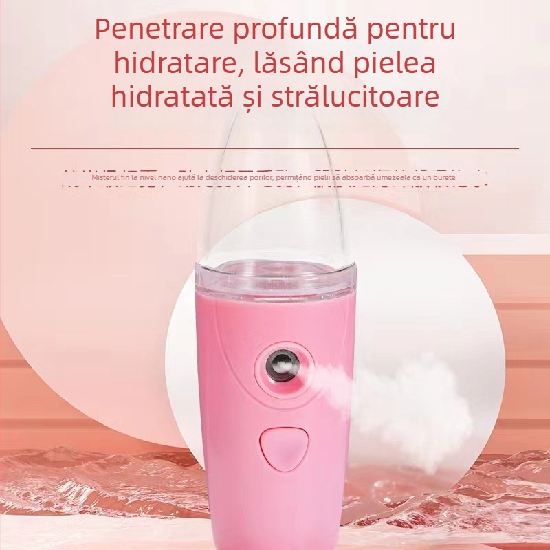 Dispozitiv de hidratare facială cu ceață Nano, abur rece, umidificator portabil cu încărcare USB, 1 treaptă, timp de ceață până la 10 secunde, autonomie 1–3 ore, baterie încorporată 100–300 mAh