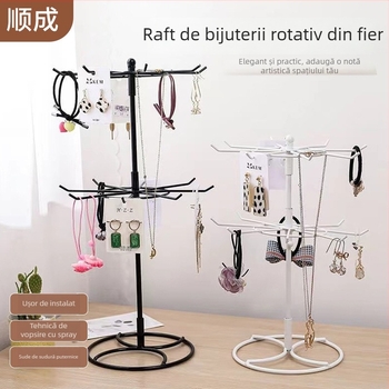 Raft rotativ pentru bijuterii din fier forjat, podea, 2 etaje, spațiu de depozitare detașabil pentru cercei și brățări