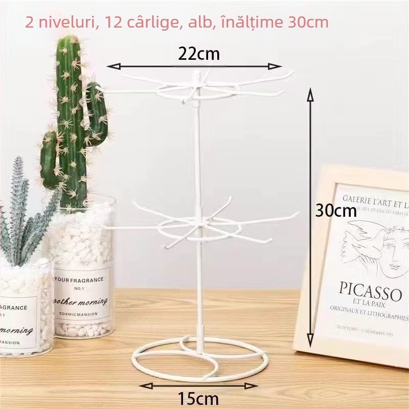 Raft rotativ pentru bijuterii din fier forjat, podea, 2 etaje, spațiu de depozitare detașabil pentru cercei și brățări