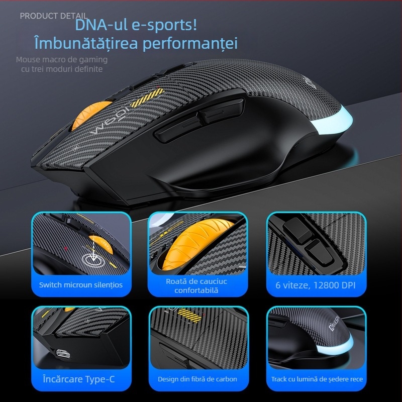 Mouse de gaming W601 – 12800 DPI, USB, 2.4G wireless, 7 butoane, Suport macro