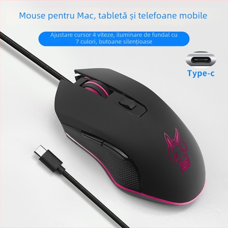 Mouse optic USB cablat cu iluminare silențioasă, 2400dpi, 6 butoane, reglare în patru trepte a rezoluției, pentru birou și jocuri