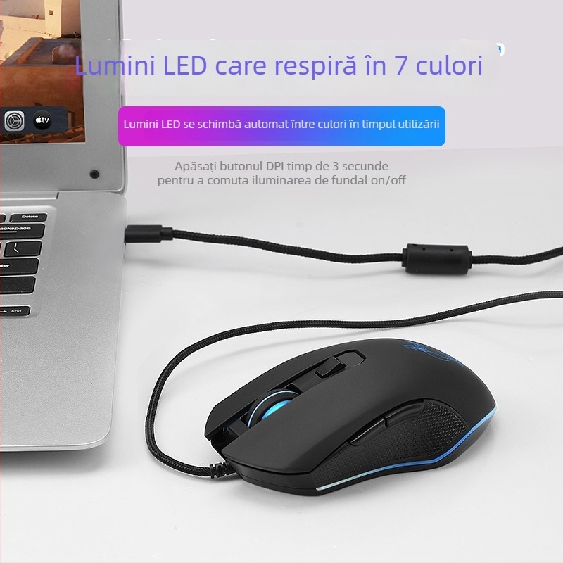 Mouse optic USB cablat cu iluminare silențioasă, 2400dpi, 6 butoane, reglare în patru trepte a rezoluției, pentru birou și jocuri