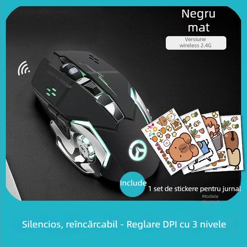 Maus optic wireless cu interfață USB, 1000 DPI, reglaj DPI în 5 trepte, încărcare wireless