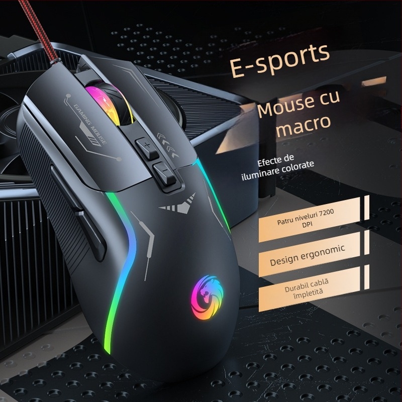 Mouse de gaming cablat cu 5600 DPI, 7 taste programabile, macro, iluminare RGB, interfață USB