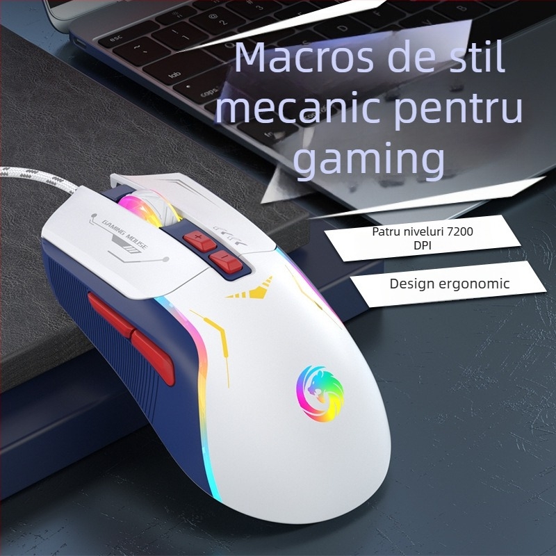 Mouse de gaming cablat cu 5600 DPI, 7 taste programabile, macro, iluminare RGB, interfață USB