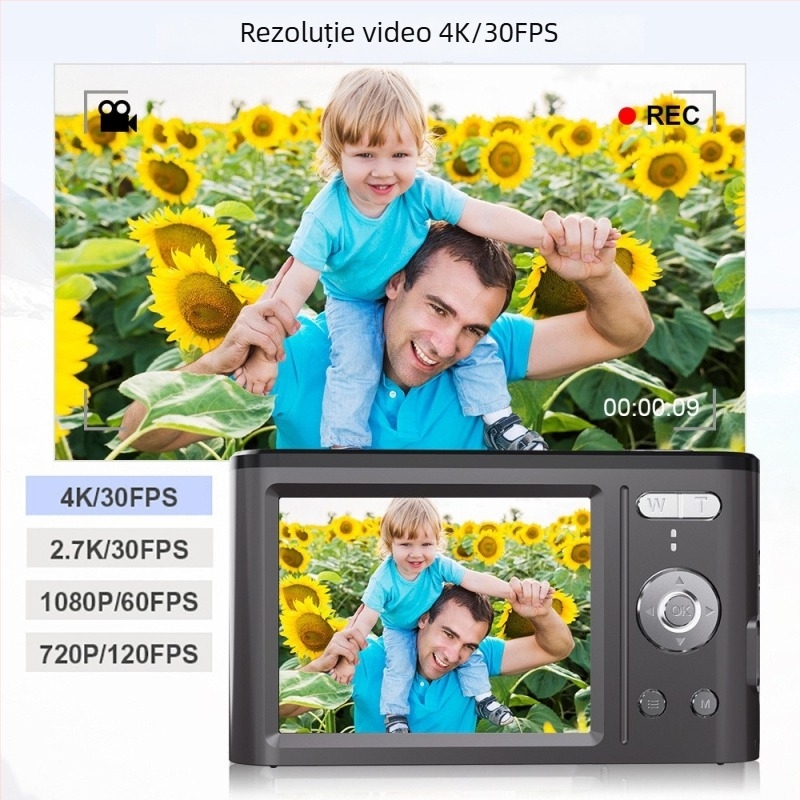 Aparat foto digital cu senzor CMOS de 8 MP, zoom digital 18x, rezoluție maximă 9200x6900, ecran LCD HD de 2,8 inchi, USB 3.0