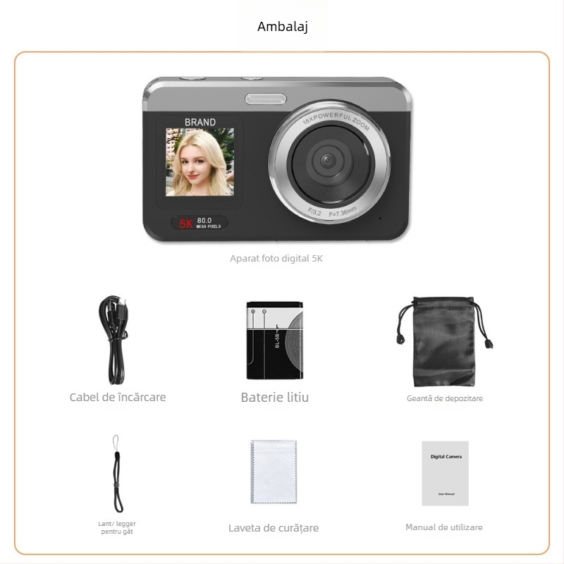 Cameră selfie digitală 80MP CMOS, înregistrare 5K, zoom optic 18x, ecran dual portabil, funcționare manuală