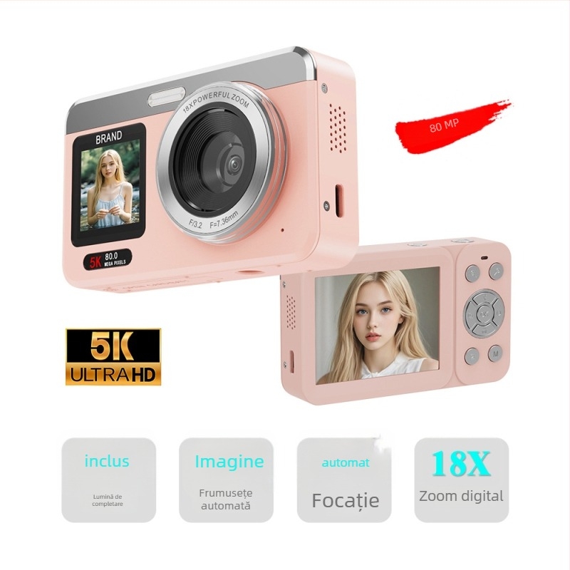 Cameră selfie digitală 80MP CMOS, înregistrare 5K, zoom optic 18x, ecran dual portabil, funcționare manuală