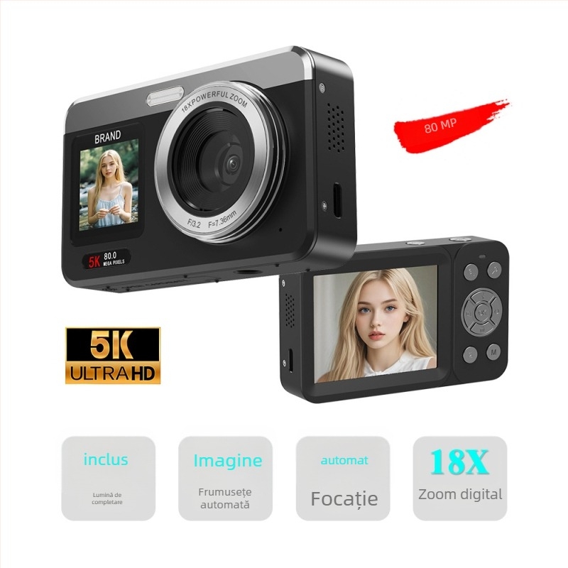 Cameră selfie digitală 80MP CMOS, înregistrare 5K, zoom optic 18x, ecran dual portabil, funcționare manuală
