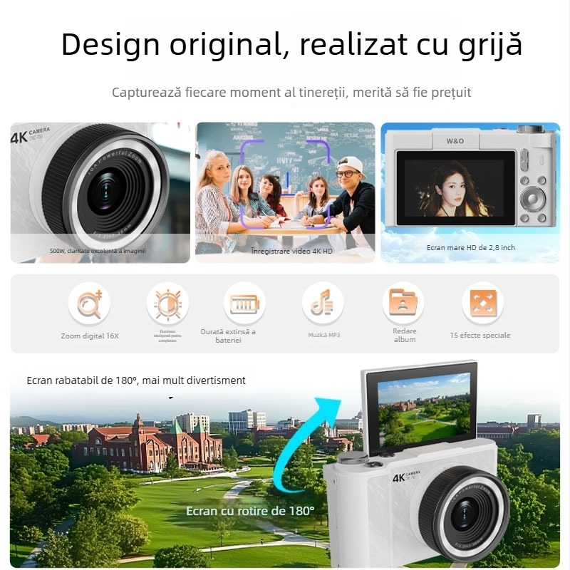 Camera digitală Q5, senzor CMOS 2 MP, zoom optic 3x, rezoluție maximă 5120x2880, ecran LCD rotativ de 3,0 inchi, USB 2.0