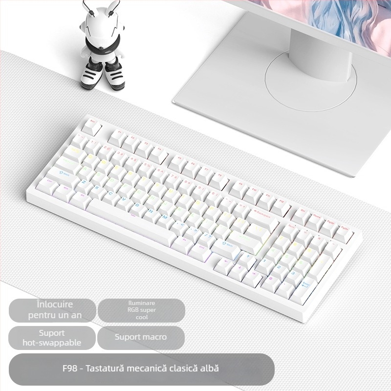 Tastatură mecanică de gaming cu switchuri verzi, peste 98 taste, conectivitate USB-C cablată, iluminare RGB