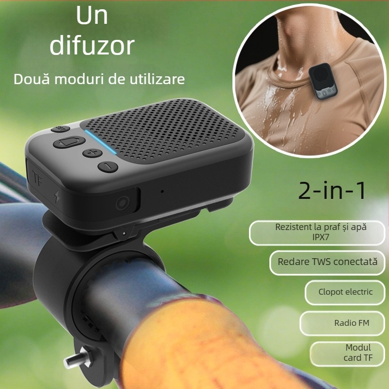 Difuzor Bluetooth clip-on 2 în 1 pentru ciclism și activități în aer liber, mini, portabil, IPX7, Bluetooth 5.3, 3W, 100 Hz-20 kHz, baterie încorporată 500-800 mAh