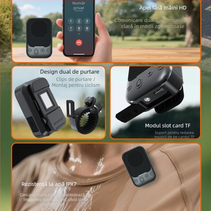 Difuzor Bluetooth clip-on 2 în 1 pentru ciclism și activități în aer liber, mini, portabil, IPX7, Bluetooth 5.3, 3W, 100 Hz-20 kHz, baterie încorporată 500-800 mAh