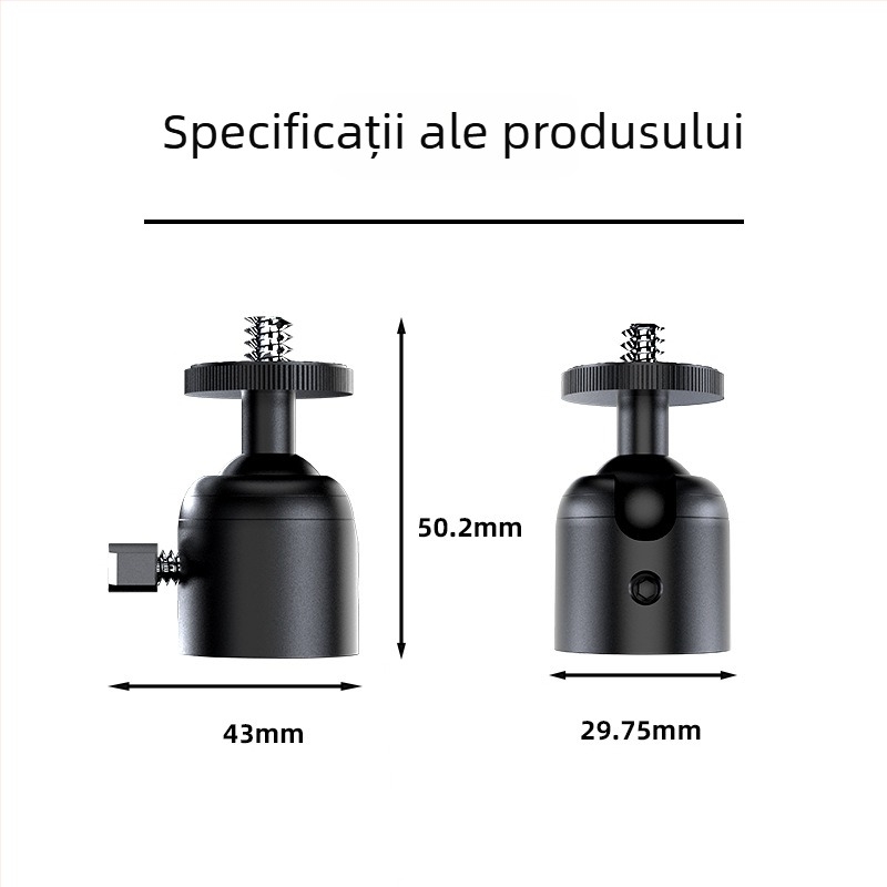 Gimbal sferic pentru trepied din aliaj de aluminiu – universal pentru cameră SLR și proiector, montaj filet, rotire 360° orizontală și verticală, greutate 0,07 kg