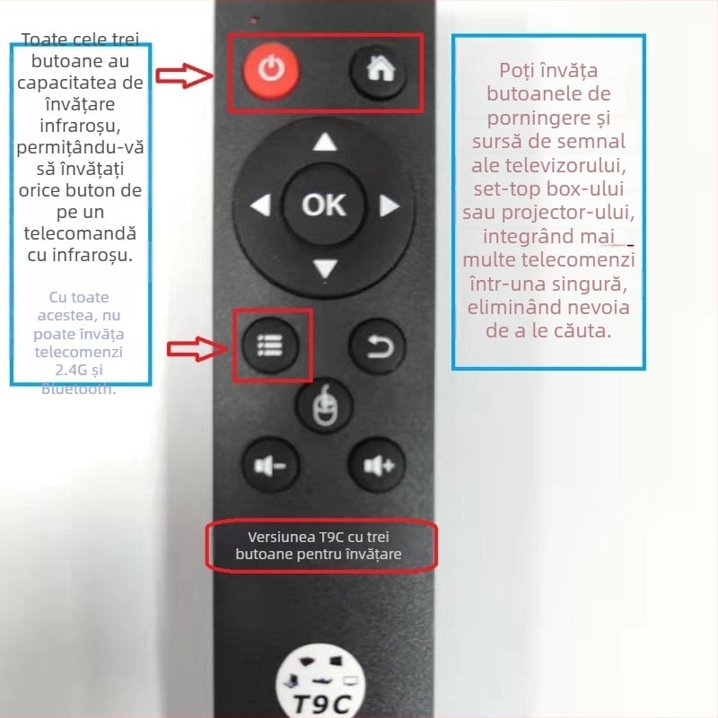 Telecomandă T9 - 2.4G USB wireless, rază de 10 m, pentru TV/set-top box/PC/proiector