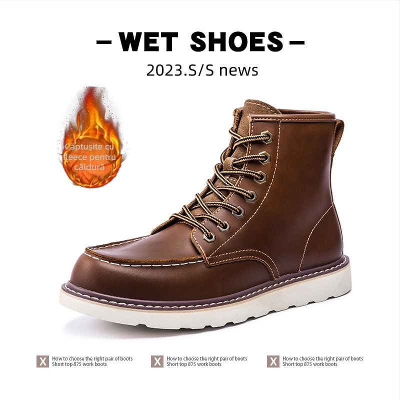 Ghete Martin pentru bărbați, partea superioară din piele de vită, talpă din material compozit, impermeabile și călduroase, stil retro