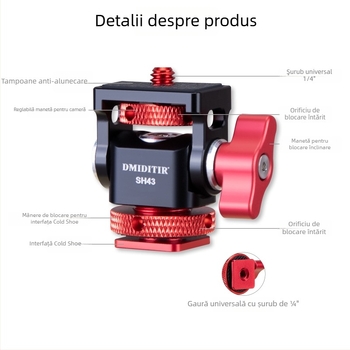 SH43 Gimbal cu amortizare reglabilă și eliberare rapidă pentru filmare pe orizontală 360° și verticală 90° – aliaj de aluminiu universal, 0.05 kg, montaj manual, pentru cameră, mirrorless și telefon