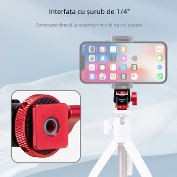 SH43 Gimbal cu amortizare reglabilă și eliberare rapidă pentru filmare pe orizontală 360° și verticală 90° – aliaj de aluminiu universal, 0.05 kg, montaj manual, pentru cameră, mirrorless și telefon