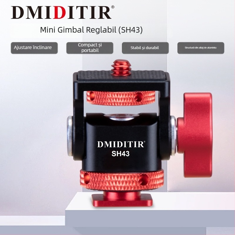 SH43 Gimbal cu amortizare reglabilă și eliberare rapidă pentru filmare pe orizontală 360° și verticală 90° – aliaj de aluminiu universal, 0.05 kg, montaj manual, pentru cameră, mirrorless și telefon