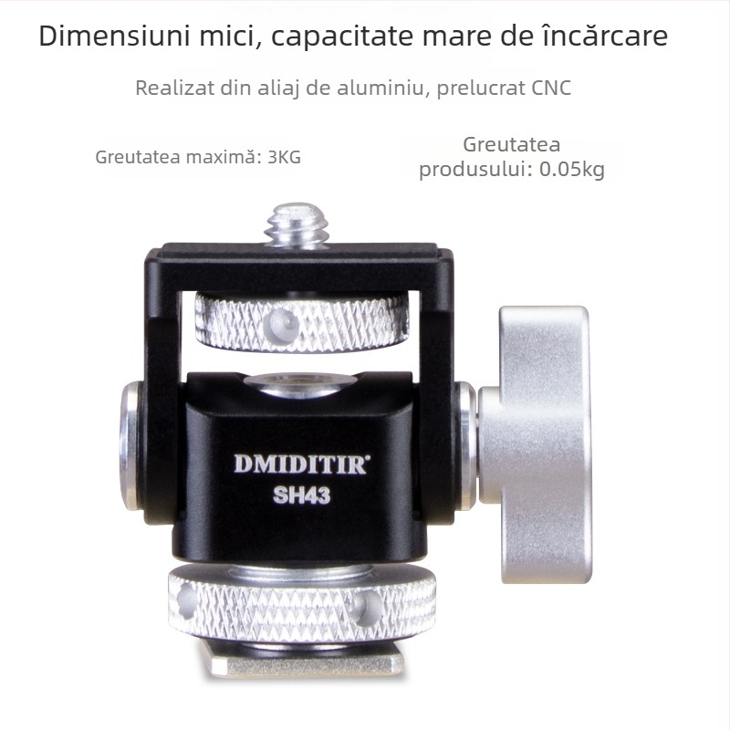SH43 Gimbal cu amortizare reglabilă și eliberare rapidă pentru filmare pe orizontală 360° și verticală 90° – aliaj de aluminiu universal, 0.05 kg, montaj manual, pentru cameră, mirrorless și telefon