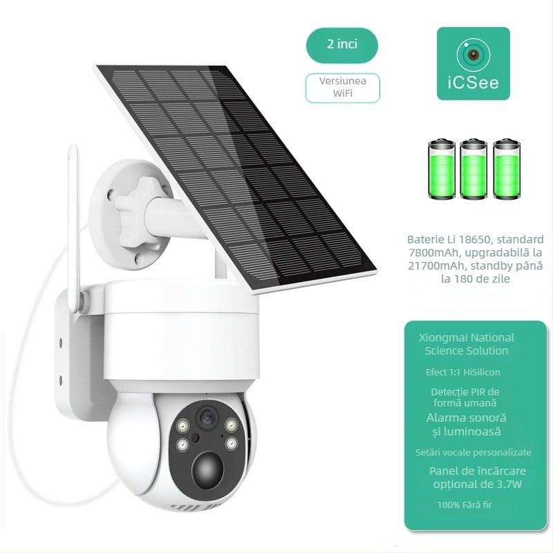 Cameră solară pentru exterior, alimentare 12V, iluminare minimă 0.001 lux, interval de funcționare 25–60°C, supraveghere wireless Wi‑Fi