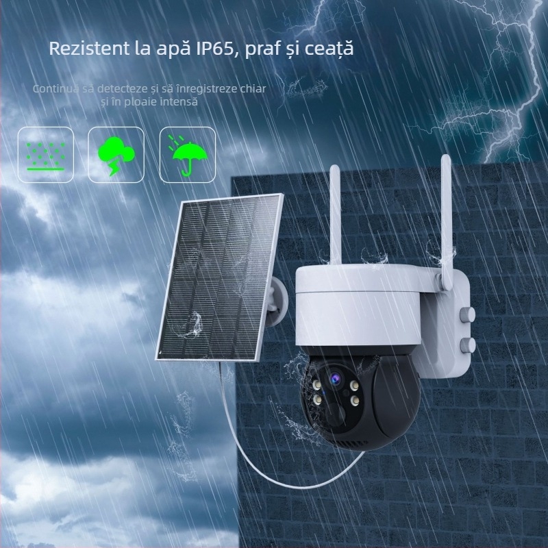 Cameră solară pentru exterior, alimentare 12V, iluminare minimă 0.001 lux, interval de funcționare 25–60°C, supraveghere wireless Wi‑Fi