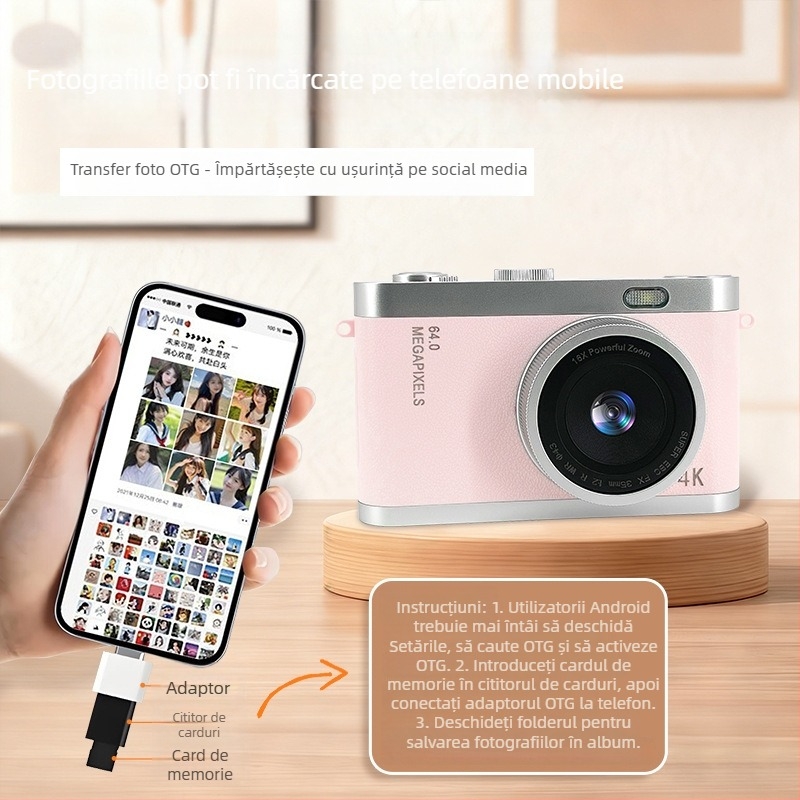 Cameră pentru copii cu cameră duală, model Y03s, 1–5 MP, card TF, autonomie baterie 3–5 ore, înregistrare video, fotografiere, filtru, imprimare fotografii