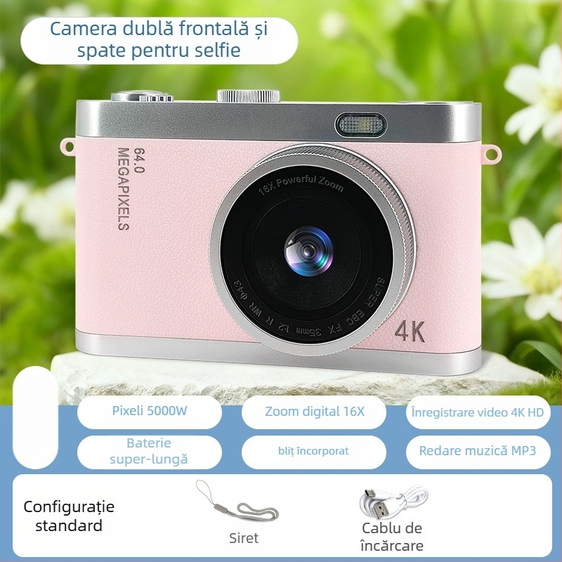 Cameră pentru copii cu cameră duală, model Y03s, 1–5 MP, card TF, autonomie baterie 3–5 ore, înregistrare video, fotografiere, filtru, imprimare fotografii