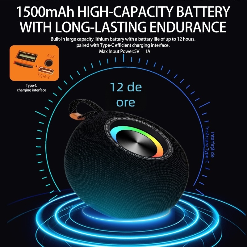 Boxă Bluetooth rotundă, cu slot pentru card, portabilă pentru exterior, stereo cu 2 difuzoare (BT 5.3, 10W, 100 Hz–20 kHz, IPX4, 1200–2000 mAh)