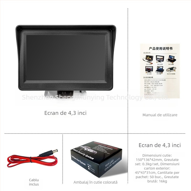 Monitor LCD auto SSY-Y401 – rezoluție 480x272, intrare AV, CVBS compatibil, PAL/NTSC