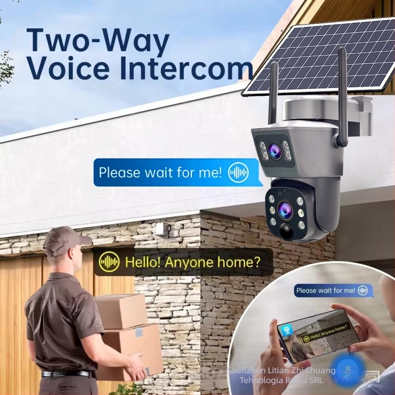 Cameră de supraveghere solară 4G, exterior, iluminare minimă 0,01 lux, interval de temperatură -10 până la 60°C, compensare a luminii din spate