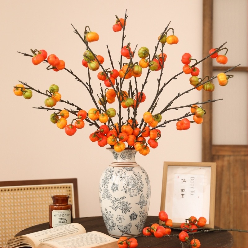 Ramuri artificiale de dovleac cu flori de mătase, stilizare și turnare prin injecție, soiuri: rodie și fruct norocos, decor pentru casă și recuzită de nuntă