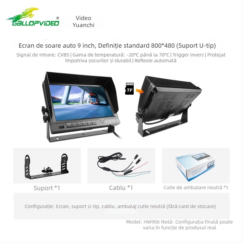 Monitor LCD pentru montaj în vehicul, model 718; rezoluție 800x480/1024x600; intrare analogică; alimentare 12-36V; Pal/NTSC