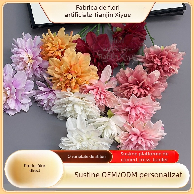 Buchet artificial de dalii, 3 capete pe o tulpină, decor pentru fundal de nuntă (Brand: Happy month; Material: Plastic, floare de mătase; Tehnică: stilizare, embosare; Varietate: 4228004; Utilizare: nuntă)