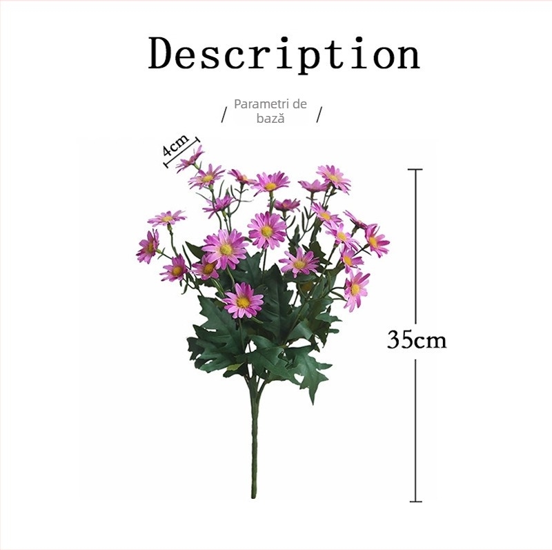 Floare artificială Daisy – material din plasă de mătase, imprimare serigrafică; potrivită pentru nunți, ședințe foto în aer liber și decor acasă.