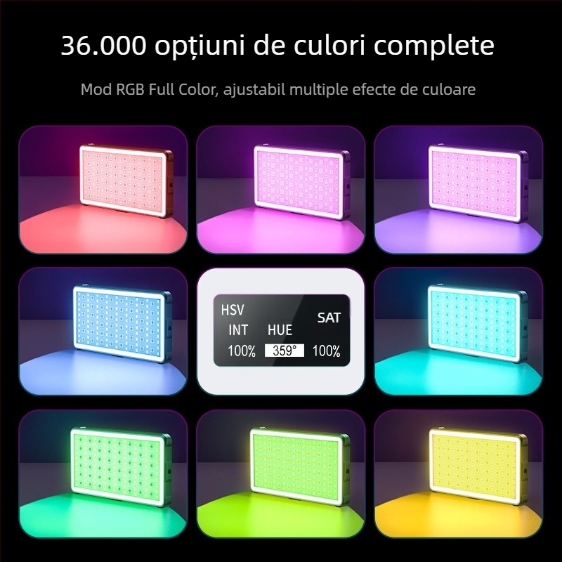 Lumină de umplere RGB pentru cameră cu suport hot shoe 1/4 inch standard, șuruburi cu două straturi, temperatură de culoare reglabilă 2500-9900K, 5V, sub 10W, pentru utilizare la birou