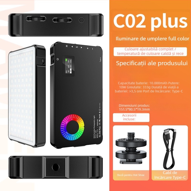 Lumină de umplere RGB pentru cameră cu suport hot shoe 1/4 inch standard, șuruburi cu două straturi, temperatură de culoare reglabilă 2500-9900K, 5V, sub 10W, pentru utilizare la birou