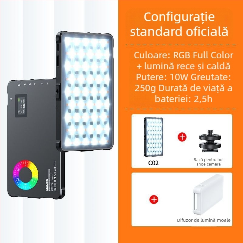 Lumină de umplere RGB pentru cameră cu suport hot shoe 1/4 inch standard, șuruburi cu două straturi, temperatură de culoare reglabilă 2500-9900K, 5V, sub 10W, pentru utilizare la birou