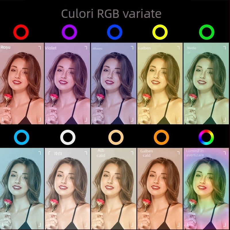 Lampa inelară LED RGB pentru fotografie, make-up și selfie – reglaj continuu, iluminator pentru streaming live, modele MJ26/MJ36/MJ46, putere sub 10W