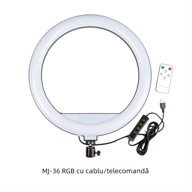 Lampa inelară LED RGB pentru fotografie, make-up și selfie – reglaj continuu, iluminator pentru streaming live, modele MJ26/MJ36/MJ46, putere sub 10W