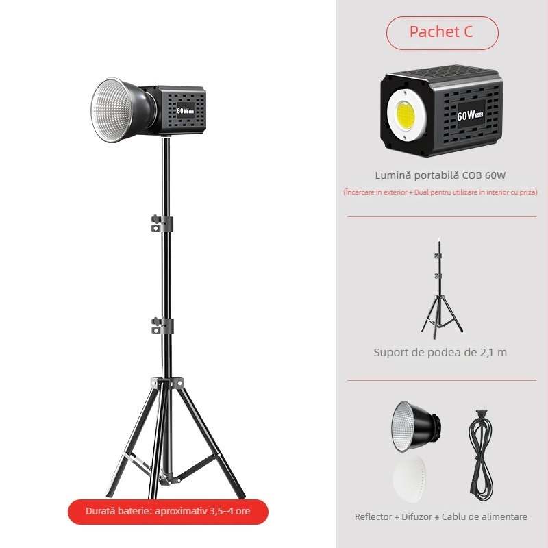 Lumină de umplere pentru fotografie cu LED COB, portabilă și reîncărcabilă, 60W, potrivită pentru fotografie, frumusețe și streaming live, tensiune de intrare variată (DC 9–11V / AC 185–245V)