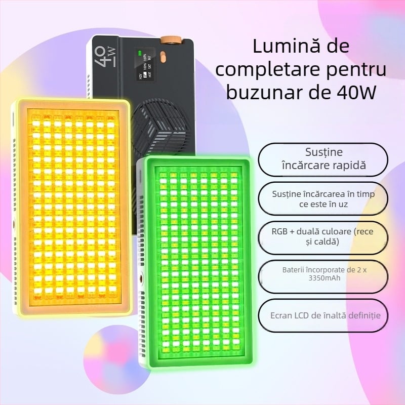 Lumina de umplere pentru fotografie PB40R — 40W RGB, pentru fotografie pe telefonul mobil, 3 temperaturi de culoare, montaj pe birou