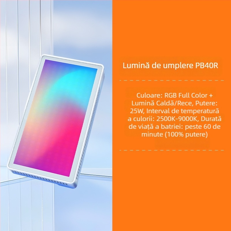 Lumina de umplere pentru fotografie PB40R — 40W RGB, pentru fotografie pe telefonul mobil, 3 temperaturi de culoare, montaj pe birou