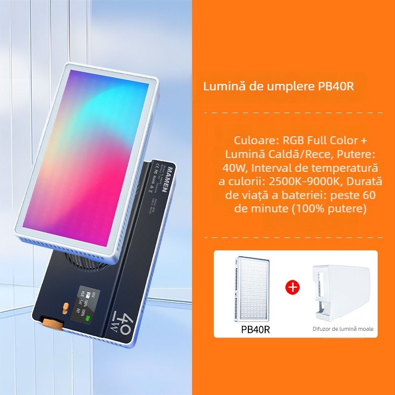 Lumina de umplere pentru fotografie PB40R — 40W RGB, pentru fotografie pe telefonul mobil, 3 temperaturi de culoare, montaj pe birou
