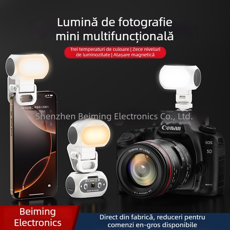 Lumină de iluminare magnetică pentru telefoane și gimbal de cameră – dispozitiv portabil pentru selfie cu temperatură de culoare reglabilă 2500K–9900K, sub 10W, baterie 800mAh, 5V/1A