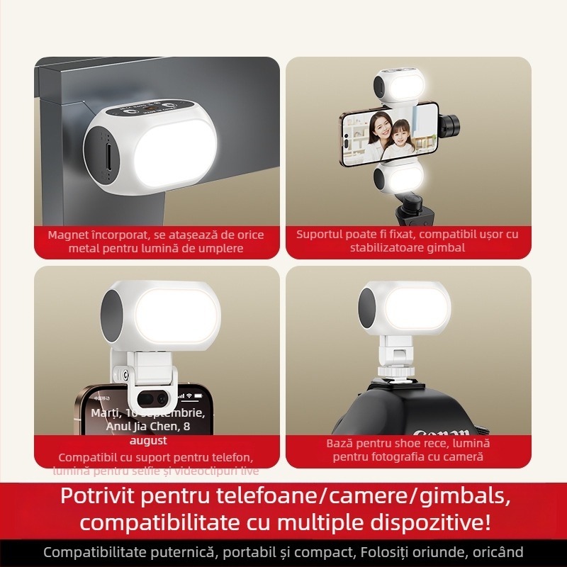 Lumină de iluminare magnetică pentru telefoane și gimbal de cameră – dispozitiv portabil pentru selfie cu temperatură de culoare reglabilă 2500K–9900K, sub 10W, baterie 800mAh, 5V/1A