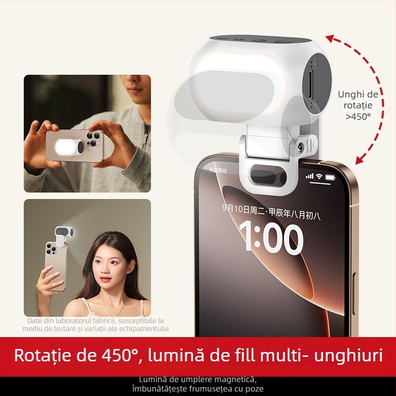 Lumină de iluminare magnetică pentru telefoane și gimbal de cameră – dispozitiv portabil pentru selfie cu temperatură de culoare reglabilă 2500K–9900K, sub 10W, baterie 800mAh, 5V/1A