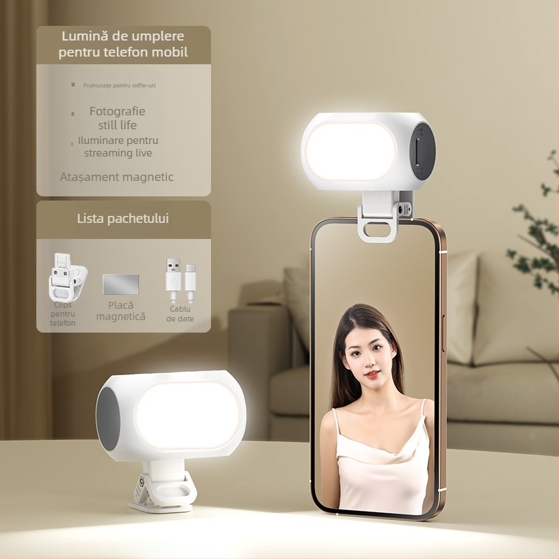 Lumină de iluminare magnetică pentru telefoane și gimbal de cameră – dispozitiv portabil pentru selfie cu temperatură de culoare reglabilă 2500K–9900K, sub 10W, baterie 800mAh, 5V/1A